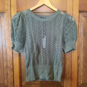 🛍 NWT Express Dark Olive Green Open Knit Short Puff Sleeve Sweater Size XS